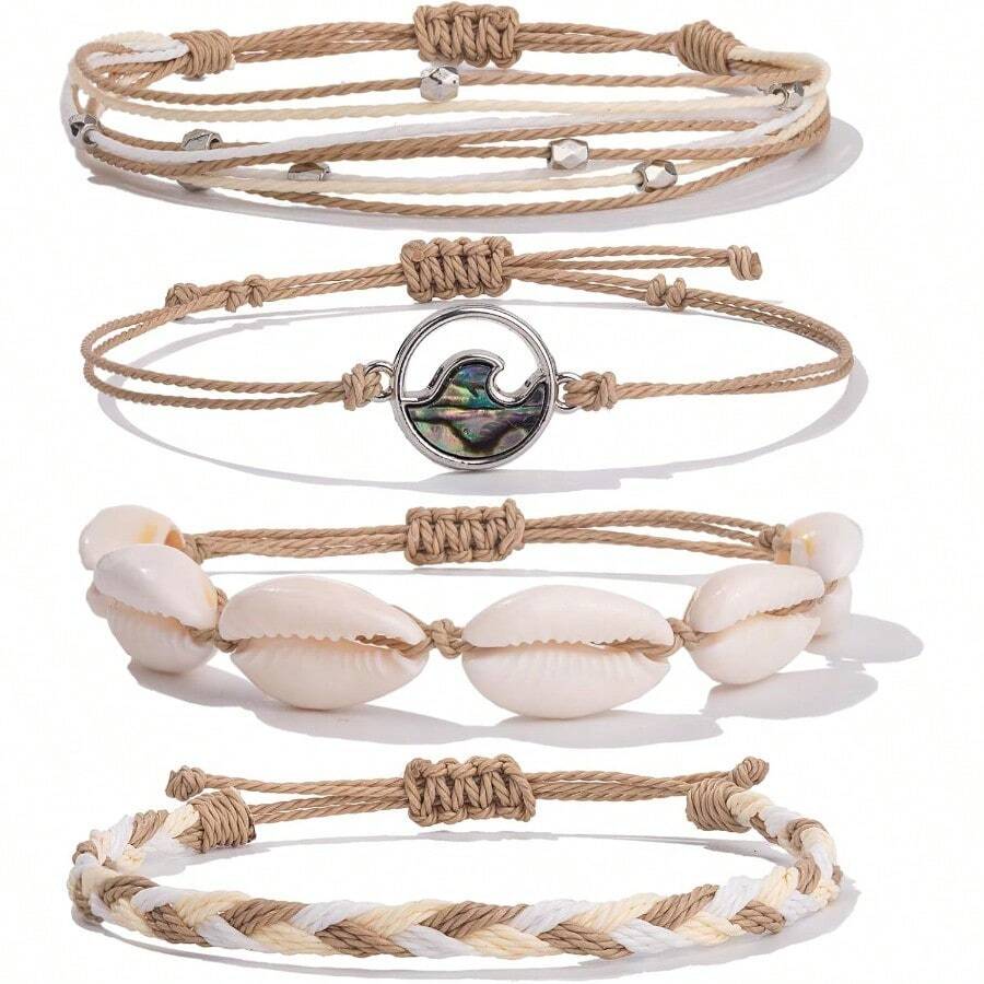 FANCY SHINY Wave String Bracelets Braid Puka Shell Bead Bracelets Handmade Cute Boho Easter Jewelry Gifts For Women - SAND - View 1