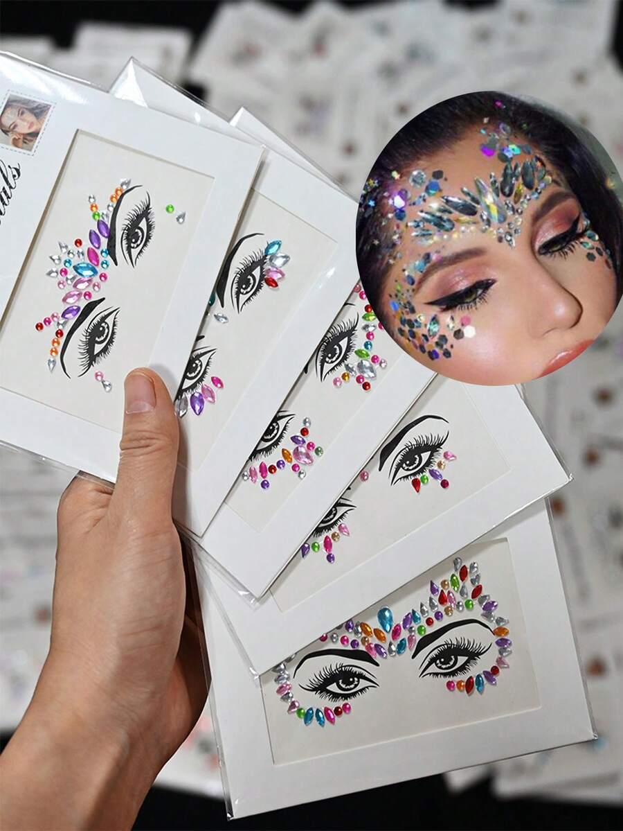 5 Sets Gesichtsschmuck Aufkleber Gesichtsedelsteine Glitzer Meerjungfrau Gesichtsedelsteine Mix Styles Gesichtsschmuck Kristall Aufkleber Set Edelsteine Gesicht Meerjungfrau Rave Party Strass Temporäre Tattoos (zufällige Farben und Formen !!!) - Verschiedenfarbig - Übersicht 1