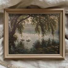 لوحة منظر طبيعي ريفي لبحيرة البجع بإطار/بدون إطار، طباعة لوحة زيتية فينتاج بطراز كلاسيكي حزين، ديكور منزلي مناسب للسكن الجامعي والشقق والغرف المعيشية والنوم والديكور الحديث