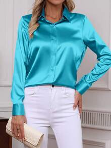 Áo sơ mi dài tay cài cúc màu trơn thanh lịch mới năm 2026, kiểu dáng cổ điển dành cho nữ công sở mùa xuân. - Màu xanh Cadet - Xem 7