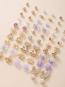 Bộ 30 đôi bông tai đính đá và ngọc trai màu bạc hình trái tim, lá, hoa, chữ cái dành cho nữ. - Nhiều màu - Xem 5