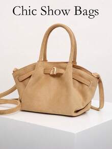European & American Niche Design Suede Bucket Bag With Buckle, Women's Street Style Handbag, Suitable For Shopping, Commuting, Parties, And Gift-Giving In Autumn/Winter - Apricot - View 2