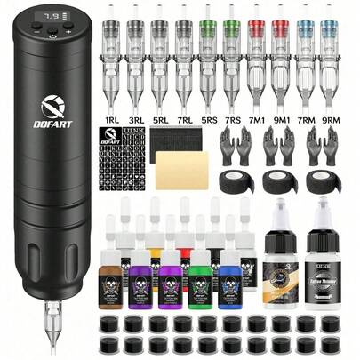 DQFART Wireless Tattoo Kit, Includes Full Set Of Tattoo Supplies Suitable For Beginners And Tattoo Artists, Includes All-In-One Tattoo Pen, Tattoo Needles, Tattoo Ink And Various Tattoo Accessories
