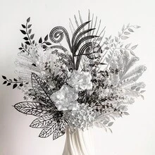 1set/5PCS Modern Monochromatic Large Bouquet: Black & Silver Artificial Roses With Silver Dollar Eucalyptus, Statement Centerpiece For Fireplace Mantel, Dining Table, And Contemporary Christmas Decor - Black - View 5