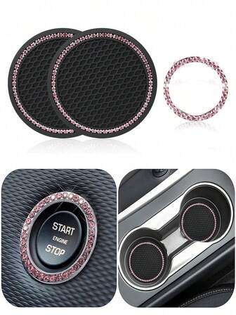 1pair Car Engine Start Stop Button Ring & 2pcs Car Engine Start Stop Button Decoration Rings With Rhinestones