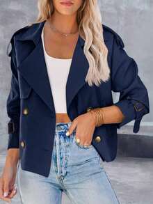 Womens Cropped Trench Coat Double Breasted Raglan Sleeve Office Work Jacket With Pockets - 藏蓝色 - 查看 3