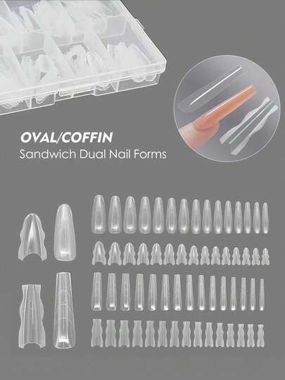 180pcs New Sandwich Nail Extension Mold Dual Nail Forms Easy To Shape Oval Mixed 15 Size Prolong Tool Manicure