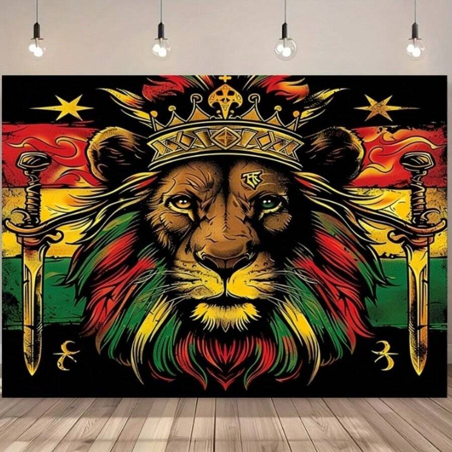 Fundal vibrant pentru ziua de naștere cu leu de circ - design colorat de desene animate roșu, galben și verde, imprimare pe o singură față, poliester, potrivit pentru cabina foto, camera de zi, decorare exterioară - Multicolor - Vizualizare 1