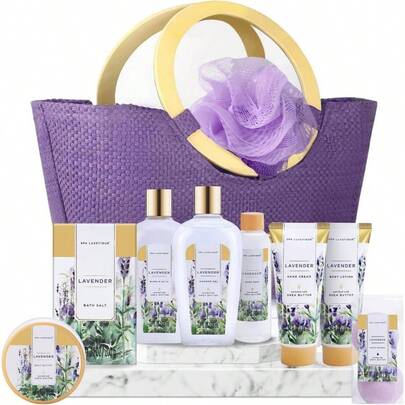 Gifts Mum, Birthday Gifts Women Lavender Bath Set Her, 10pc Deluxe Bath Set Women, Deluxe Tote Bag With Wooden Handle, Basket,