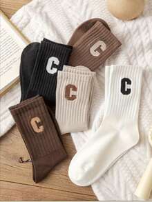 5 pares de medias de mujer de unicolor negro/blanco/marrón/gris/beige/transparente - Diseño con logotipo C, estilo de leggings con mordedura de tiburón, gruesas y cálidas para el invierno, adecuadas para vestidos largos, pantalones y leggings - Lavables a máquina, múltiples opciones de color - Estética minimalista, textura suave - Multicolor - Ver 3