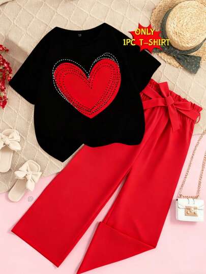 Camiseta 100% Algodón, Patrón de Corazón Rosa, Camiseta de una sola pieza para niña - Mezcla de poliéster suave, manga corta, cuello redondo - Moda casual, ajuste cómodo tipo pullover para niños - Elección perfecta para primavera, verano y otoño, ropa de moda solo camiseta, sin pantalones, no es un conjunto, adecuado para combinar con shorts para niños y niñas, múltiples tamaños disponibles