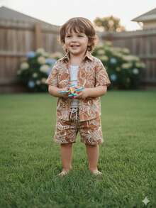 Children's Set: Shirt And Shorts - Preppy Style - New Models - 米色圖案 - 查看 6