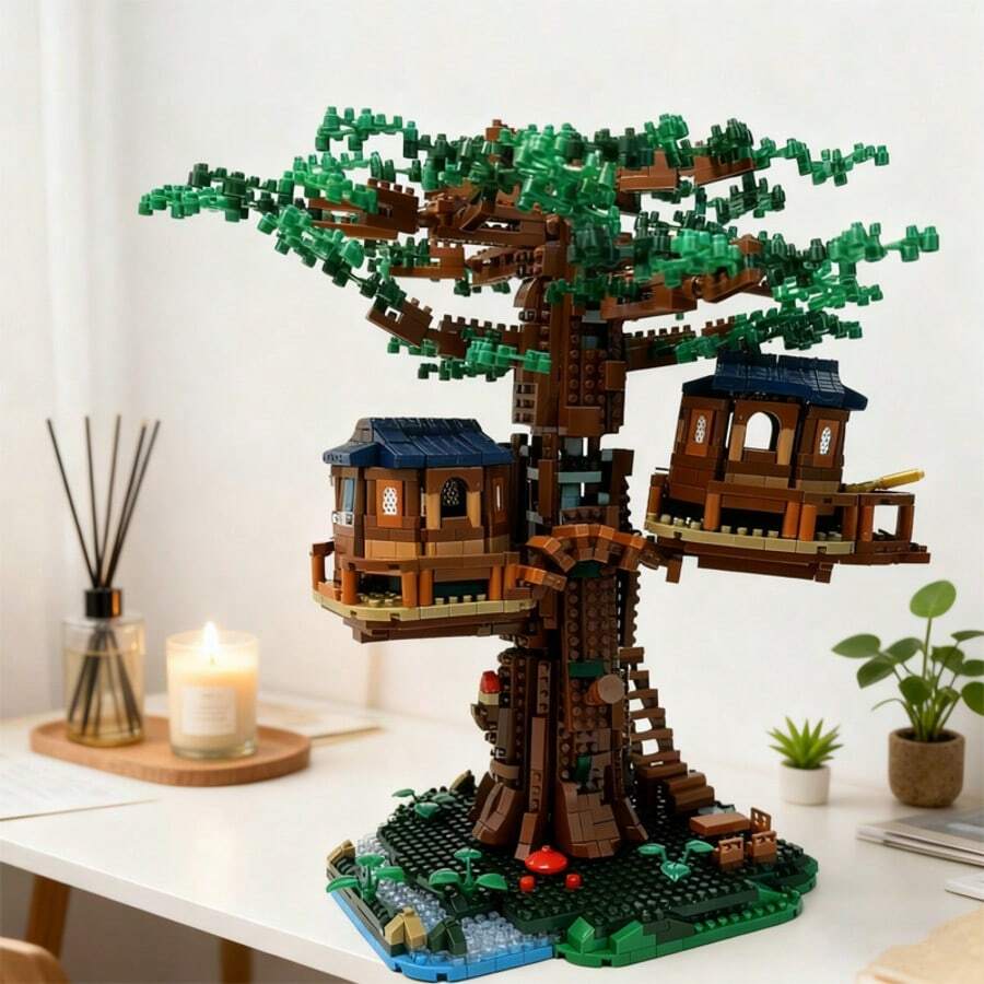 1000+片树屋微缩模型积木拼图玩具，创意家居装饰，男女皆宜