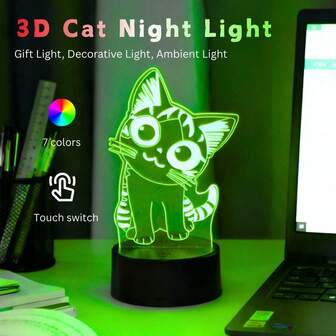 1 pieza Luz de noche 3D linda de gato con control táctil - Degradado de 7 colores, lámpara de escritorio alimentada por USB, luz de ambiente moderna para dormitorio, regalo ideal para amantes de los animales, lámpara de dormitorio