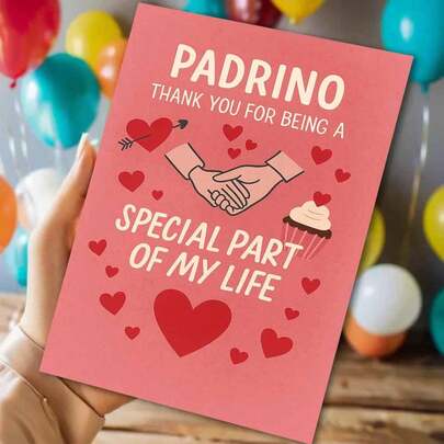 1pc Heartfelt Thank-You Card With Envelope (11cm16cm & 4.33in6.29in) - "Padrino, Thank You For Being A Special Part Of My Life" On Soft Red Background With Hands Shaking, Hearts, And A Cupcake, Perfect For Expressing Gratitude To A Godfather, Emotional Greeting Card | Family Card | Paper Card