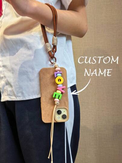 1 pieza Llavero y cordón para teléfono personalizado, combinación de letras de colores, adecuado para amigos, compañeros de clase, parejas, nombre personalizado, cordón para teléfono rosa/morado, se puede usar como llavero, accesorio para mochila de vuelta al colegio, recuerdo de boda para novia, novio, damas de honor, padrinos
