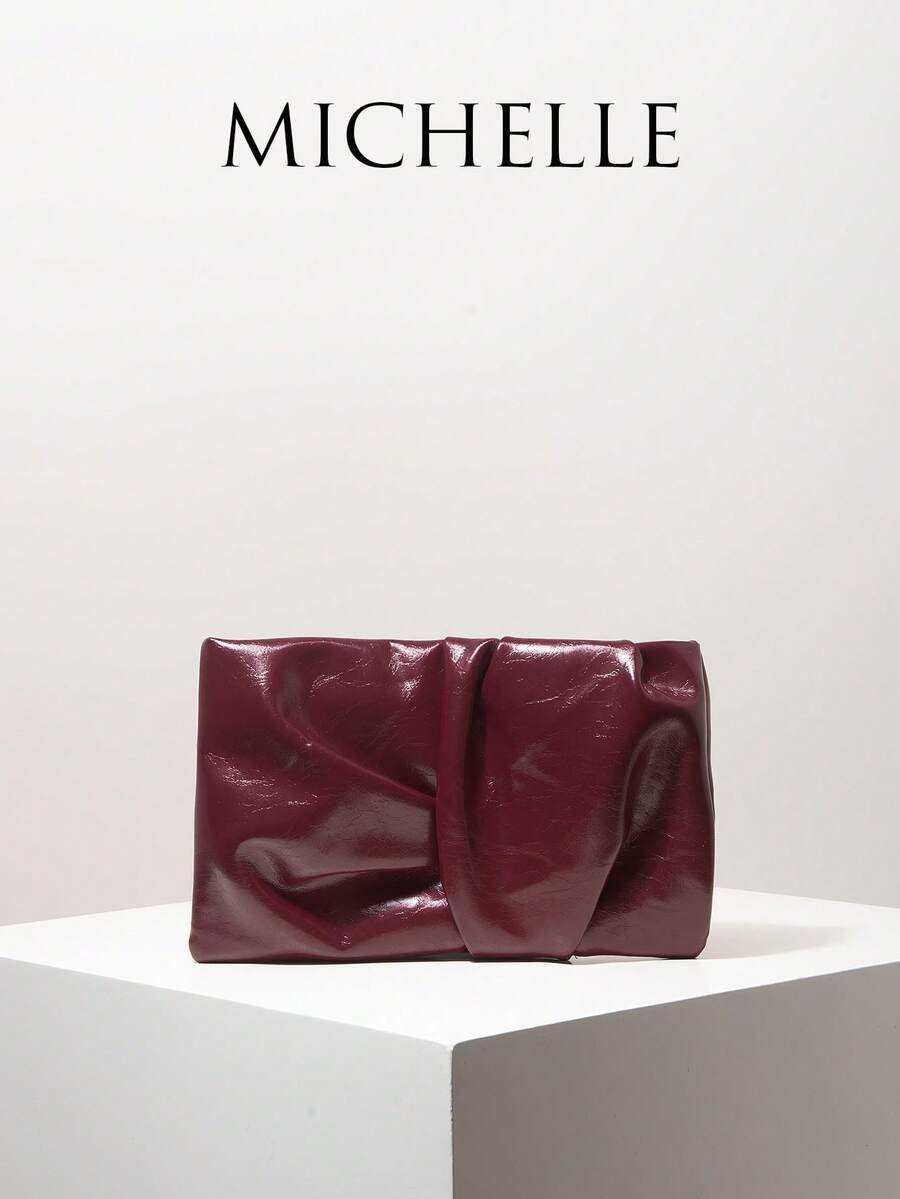 女士手拿包，酒红色钱包，褶皱包，派对包，派对配饰，新娘派对，女士圣诞礼物，教师节礼物，情人节礼物，优雅女士手拿包（图案随机） - 酒紅色 - 查看 1