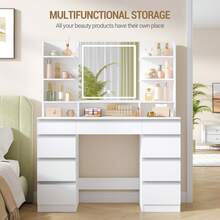 HaluPeit Dressing Table With LED Light, Vanity Desk With 1 Large Drawer And 8 Small Drawer Cabinets, Adjustable Brightness, Large HD Mirror, 9 Open Storage Areas - White - View 4