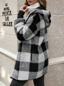 Plaid Color Block Cardigan Moda Suéter Mujeres Cárdigan oversize de estilo europeo y americano con estampado de cuadros en bloques de color y ribete de piel Prenda de punto de moda para mujer Cárdigan de lana con capucha, solapas grandes y estampado de cuadros en bloques de color Estilo informal y holgado Silueta cálida y favorecedora - Gris Oscuro - Ver 4