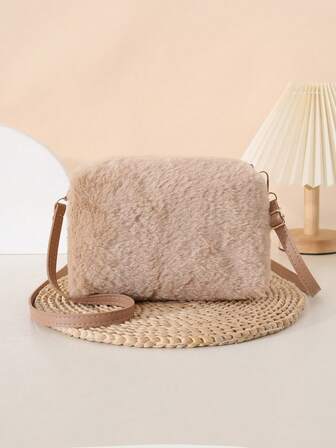 Fashionable Plush Women's Handbag, Soft Texture Furry Small Square Shoulder Crossbody Bag