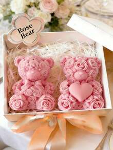 1 pieza Vela de cera de soja con oso de rosa 3D hecho a mano, crea un ambiente romántico, adecuado para el Día de San Valentín, bodas, fiestas, regalos festivos, decoración creativa con oso con forma de corazón - Multicolor - Ver 2