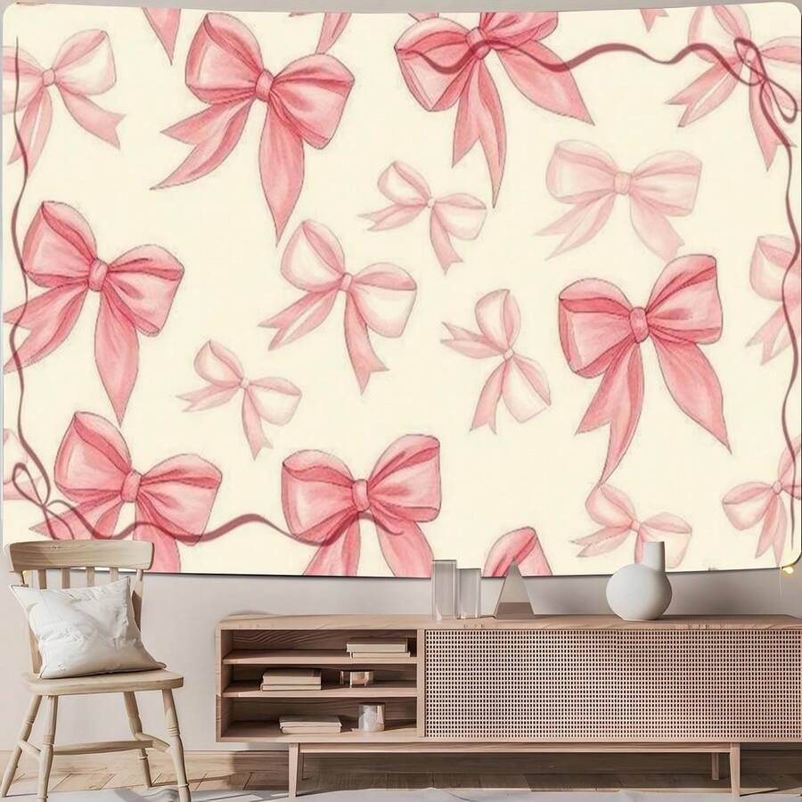 1pc Pink Bow Tapestry On White Background - Elegant Wall Decor For Home, Party, And Holiday Celebrations, Polyester Fabric, Perfect For Living Room, Bedroom, Office, Or Dormitory, Party Decoration | Elegant Wall Art | Durable Fabric, Bow Decor - 彩色 - 查看 1