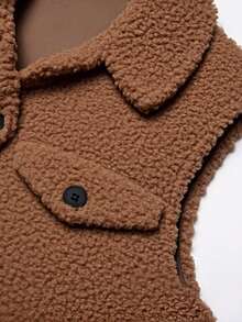 Women'S Plus Size Olive Green Fleece-Lined Stand Collar Jacket With Pockets - Casual Sleeveless Vest For Fall & Winter, Soft Texture, Button-Up Front, Loose Fit, Perfect For Casual Attire, Winter Jacket, Vest Woman Autumn/Spring, Vest Woman Curve/Plus Size, We Sleeve Large Size, Bodywarmer Woman Large Sizes - Màu Khaki - Xem 4