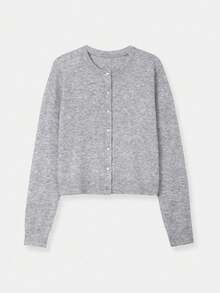 FOR BEAUTY Women's Round Neck Small Shell Button Long Sleeve Knit Cardigan, Casual Warm And Comfortable Solid Light Gray Sweater Jacket, New Year Top - Light Grey - View 7