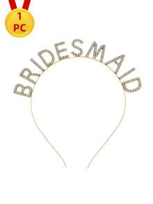 1pc High Quality Rhinestone "BRIDESMAID" Alloy Hair Band, Wedding Party Accessory - Gold - View 11