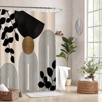 Abstract Geometric Minimalist Shower Curtain Set, Modern Leaf Pattern - Waterproof Polyester Material, Includes 12 Plastic Hooks - Machine Washable, Woven Curtain, Artistic Inspired Design, Bathroom Decor Accessory For Autumn, Back To School Essential