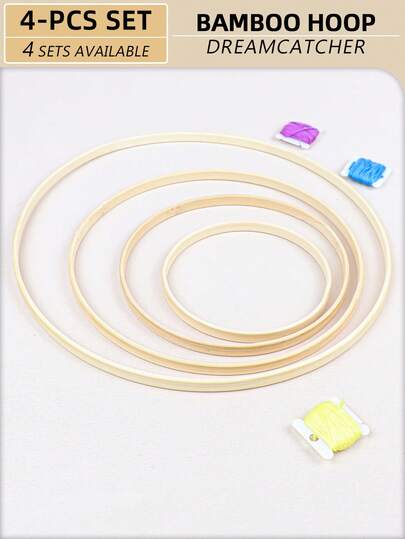 4pcs Beige Dreamcatcher Style Bamboo Wreath Decor Rings, Suitable For Outdoor Lawn, Wedding Hanging Decorations Like Feathers, Vines, Ribbons, Balloons, Or Indoor Wall, Bedroom Decor, Wind Chimes, Rustic Ornaments, DIY Embroidery Hoops