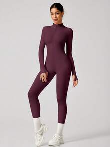 Women Seamless Front Zipper Long Sleeve Ski Jumpsuit, Tight-Fitting Activewear For Fitness Training,Stretchy Shapewear - Burgundy - View 4