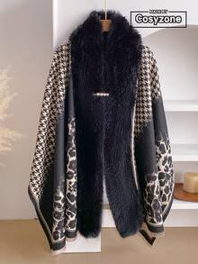 1pc Vintage Leopard Print & Houndstooth Pattern Jacquard Scarf With Faux Fur Collar, Autumn/Winter Women's Warm Decorative Scarf Shawl Poncho, Comes With A Pearl Brooch Pin, Fashionable Accessory, Perfect Gift For Women, Suitable For Daily Wear - Black - View 1