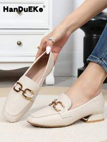 Mocasines de mujer con punta cuadrada, tacón grueso de metal, sin cordones, zapatos de trabajo, nuevos para primavera/otoño 2026, suela plana y suave, tallas grandes - Beis - Ver 1