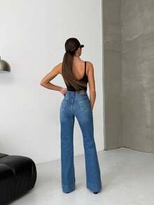 SQUALO Women's Wide Leg Color With Pocket Details Destroyed Retro Washed Street Style Jeans Ripped And Cutout Wide Leg Jeans ,Petite Women - Navy Blue - View 4