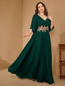 UNITHORSE V-Neck Ruffle Sleeve Waist Applique Chiffon Evening Gown Dress - Dark Green - View 7