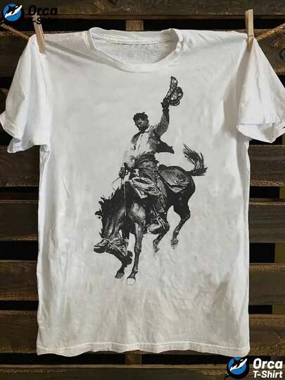 Camiseta gráfica retro punk para hombres - 100% algodón, cuello redondo, manga corta, ajuste holgado, top casual de verano con diseño vintage de vaquero occidental, tela transpirable de elasticidad media, lavable a máquina, camisetas occidentales, atuendo casual, construcción de punto duradera