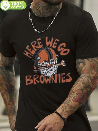 Camiseta de algodón blanca de Washington Mountain - IMPRESIÓN GRÁFICA HERE WE GO BROWNS, camiseta de manga corta de ajuste relajado y suave, lavable a máquina, camisa casual para hombres y mujeres (S-XXXL) - Regalo perfecto para fanáticos del deporte