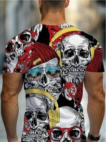 Men's Vintage 3D Printed Gothic Skull & Band Graphic-Shirt - Vibrant Red/Black/White/Pink/Blue/Yellow/Purple/Orange/Beige - Crew Neck Short Sleeve Casual Summer Tee Music Festivals & Casual Attire - Washable Bold Statement Shirt With Retro Skull Design, Artistic 3D Print, And Comfortable Fit Men, PLUS SIZE - 混合色 - 查看 3