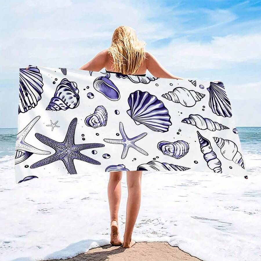 1条贝壳和海星图案沙滩巾，速干、柔软、吸水性强的涤纶材质，现代设计 - 藍白色 - 查看 1