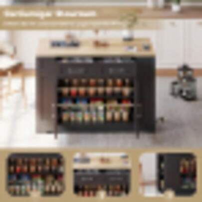 120cm tragbare Kücheninsel mit klappbarem Esstisch, offener Ablage, AC-Anschluss, USB-Anschluss, Glastür, verstellbares Laminat, Rollen mit Bremsen für Küche, Esszimmer, Wohnzimmer und mehr.