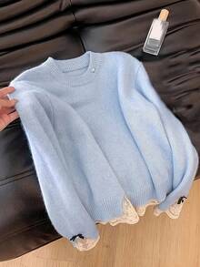 Lingshan Directional Korean Style Soft Blue Women's Sweater With Lace Base Design Spring And Autumn Lazy Style Top - Blue - View 3