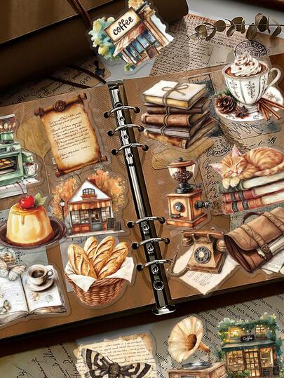 50pcs Vintage Retro Coffee Stickers PET Material Stylish And Creative Designs Featuring Books, Sweets, And Cats Perfect For Guitars, Manuals, Scrapbooks, Water Bottles, Laptops, Suitcases, And Holiday Gift Decorations - Arts And Crafts Stickers