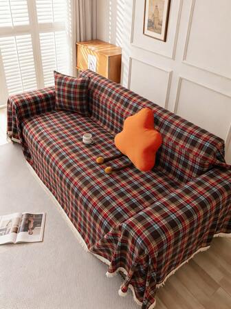 1件复古美式格子多功能防滑沙发套毯，带流苏