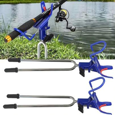 2pcs Upgraded Blue & Black Fishing Rod Holder - Durable Nylon & Stainless Steel Material, Non-Slip Silicone, Telescopic Design, Firm Grip - Suitable For Lake, River And Coastal Fishing, Thickened Nylon Material, Floor-Standing Fishing Rod Holder, Telescopic Base, Fishing Gear, Fishing Scene