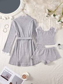 全新 4 件纯色性感舒适睡袍套装 撞色蕾丝袖口配套腰带睡袍可调节肩带深 V 领撞色蕾丝蝴蝶结装饰上衣弹力腰短裤女式性感舒适睡袍套装