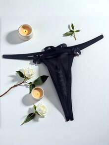1pc Fashionable Sheer Bow Sexy Ladies Panties, Hollow Pearl Massage Open-Crotch Low-Waist G-String, Sexy Lingerie Sleepwear For Valentine's Day - Black - View 4
