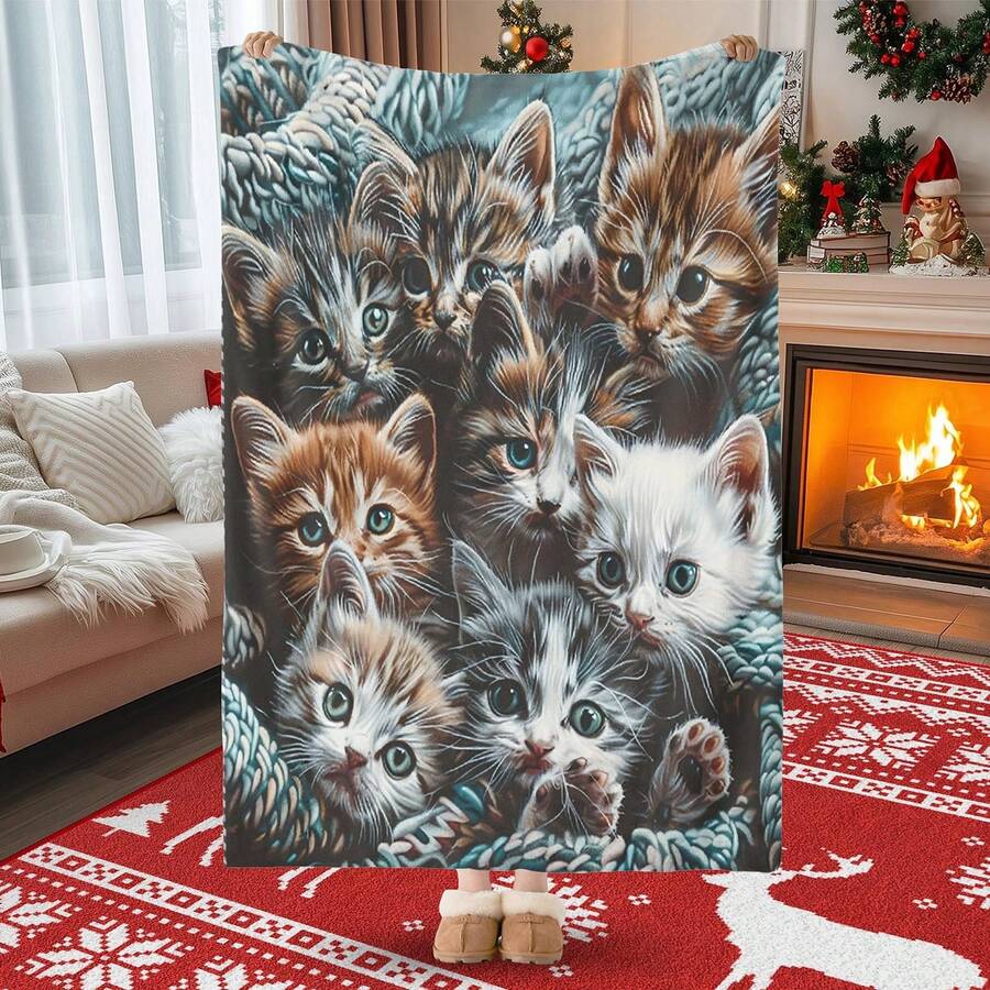 Kuschelige Coperta Natalizia Cartoon Group of Adorable Kittens in Knitted Blanket Morbida Multifunzionale Idea Regalo Perfetta per Amanti dei Gatti Offerta Imperdibile - Multicolore - Visualizzare 1