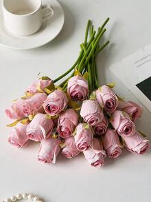 24支仿真丝玫瑰花，逼真玫瑰花束，假玫瑰花茎，适用于情人节、母亲节、家居婚礼派对装饰、桌面摆件、DIY装饰 - 粉色 - 查看 8