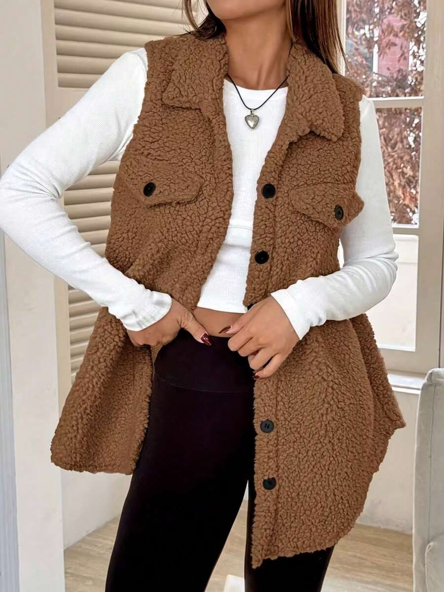 Women'S Plus Size Olive Green Fleece-Lined Stand Collar Jacket With Pockets - Casual Sleeveless Vest For Fall & Winter, Soft Texture, Button-Up Front, Loose Fit, Perfect For Casual Attire, Winter Jacket, Vest Woman Autumn/Spring, Vest Woman Curve/Plus Size, We Sleeve Large Size, Bodywarmer Woman Large Sizes - Màu Khaki - Xem 1